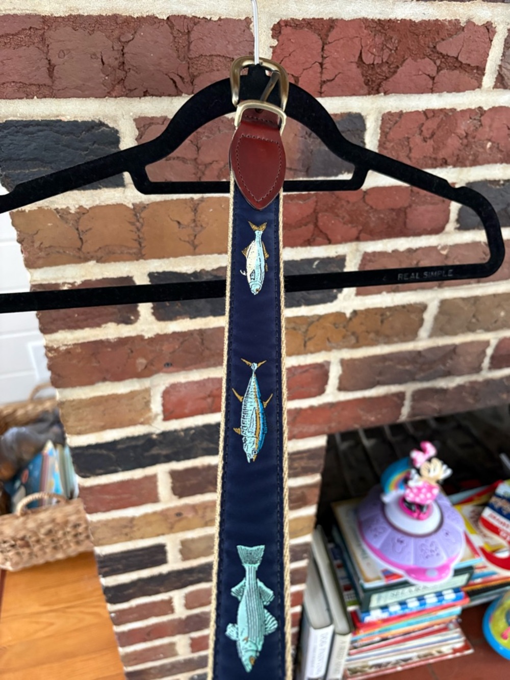 YRI Men’s Navy Fish Motif Belt Made in USA Brown Leather Trim, 45.5 inches